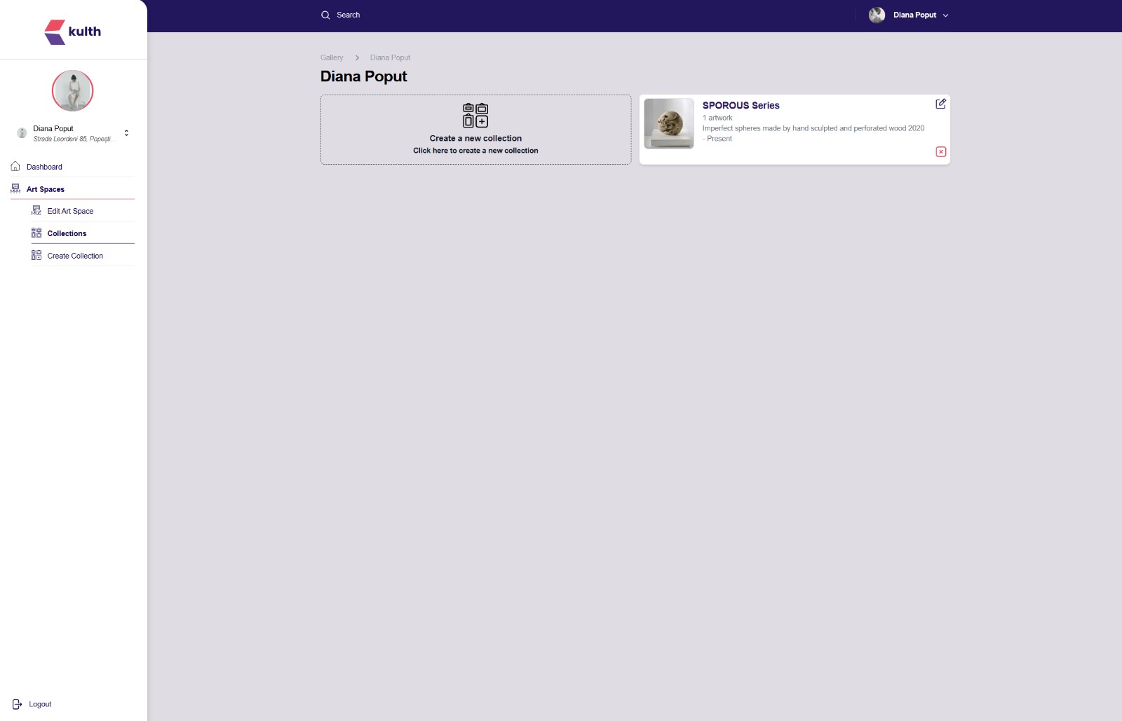 Actual Kulth Art Voice gallery dashboard showing Diana Popuț and a collection